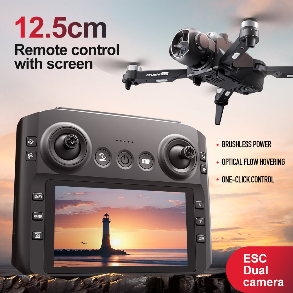 Dual Camera Drone with 4.3" Screen Remote, Brushless Motor, 2 Batteries