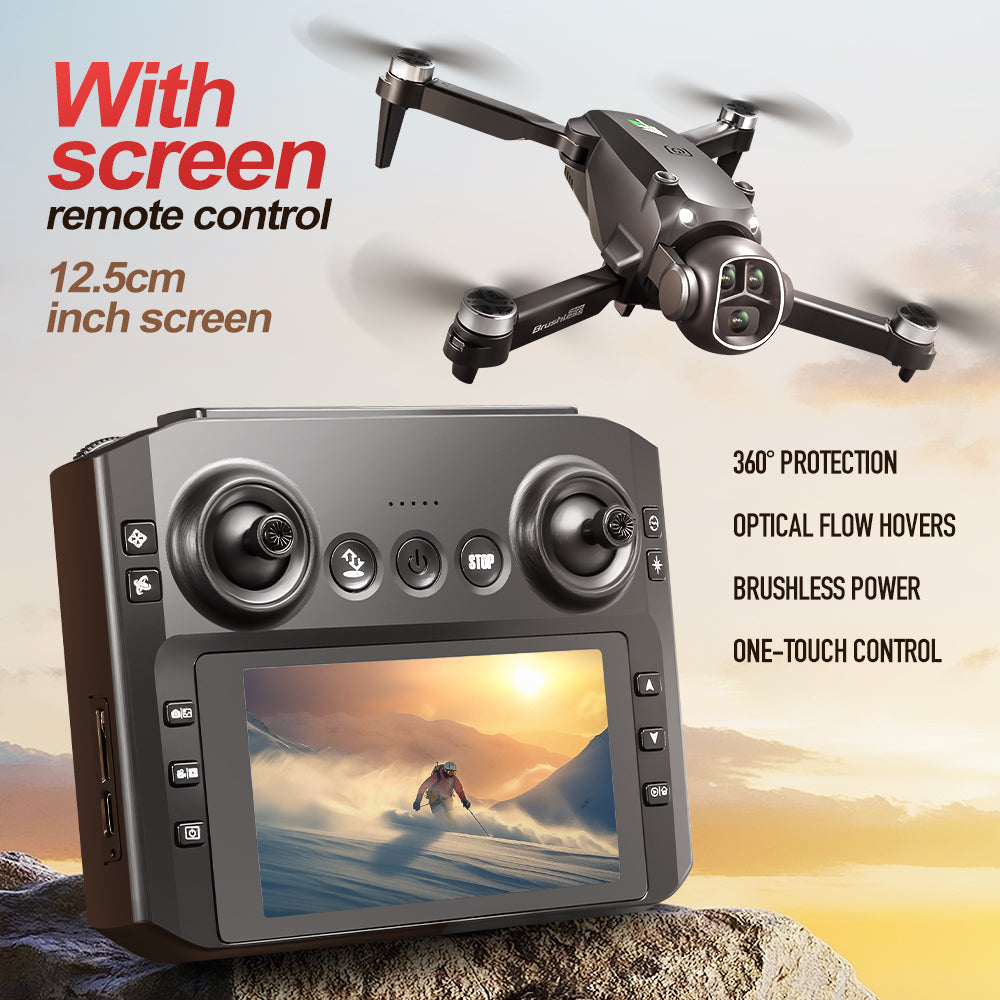 Dual Camera Drone with 4.3" Screen Remote, Brushless Motor, 2 Batteries